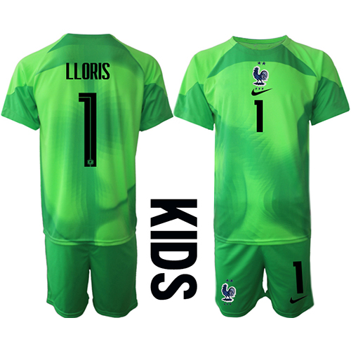 Camiseta Francia Hugo Lloris #1 Portero Visitante Equipación para niños Mundial 2022 manga corta (+ pantalones cortos)
